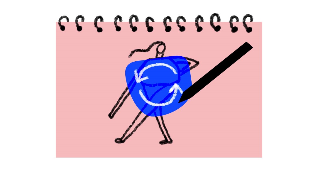 Illustration för cirkularitet med person, penna och pilar